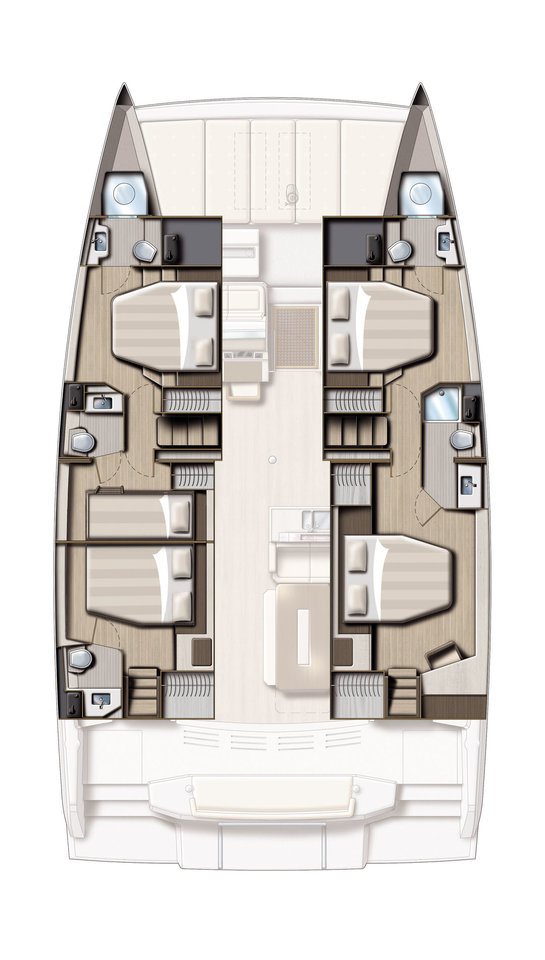 Lower deck plan of the BALI 4.8 with 4 cabins
