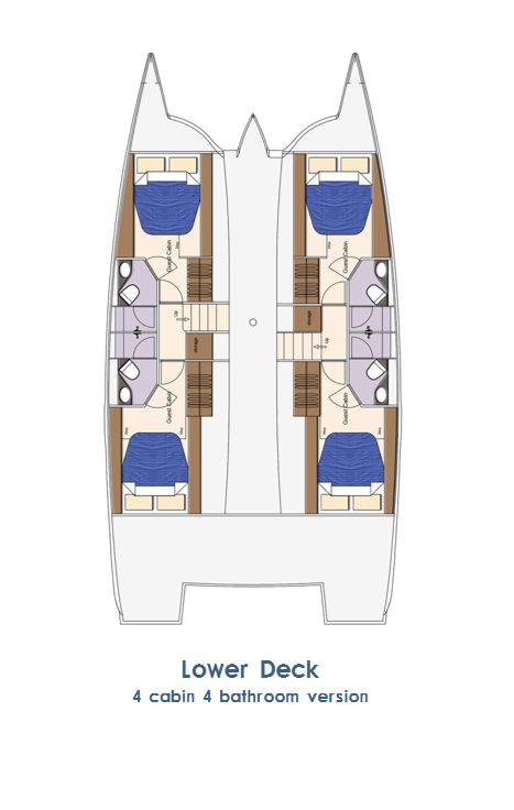 Lower deck plan with 4 cabins and 4 bathrooms