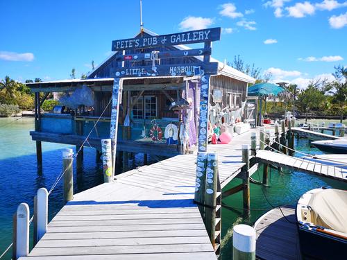 Pete's Pub & Gallery, wooden dock in Little Harbour